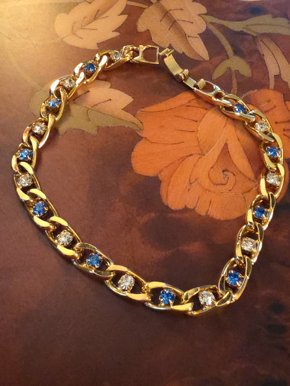 Vintage Gold Tone Chain Bracelet with Blue and Clear Stones